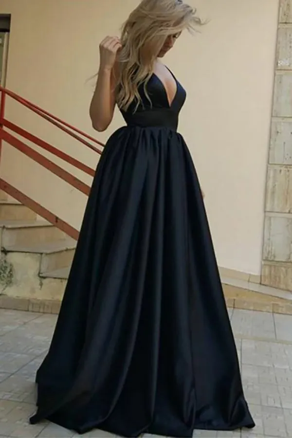 A-Line Deep V-Neck Sweep Train Navy Blue Satin Sleeveless Prom Dress LRA316