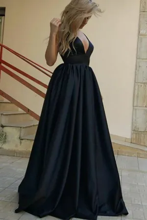 A-Line Deep V-Neck Sweep Train Navy Blue Satin Sleeveless Prom Dress LRA316