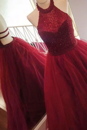 A-Line Halter Sweep Train Backless Dark Red Tulle Prom Dress with Beading AHC665