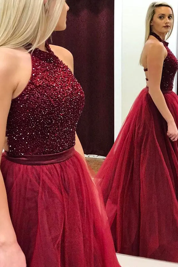 A-Line Halter Sweep Train Backless Dark Red Tulle Prom Dress with Beading AHC665