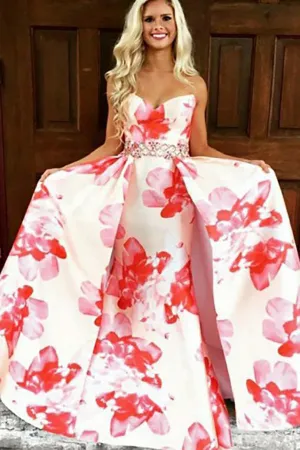 A-Line Sweetheart Sweep Train Pink Printed Satin Prom Dress with Beading LRA286