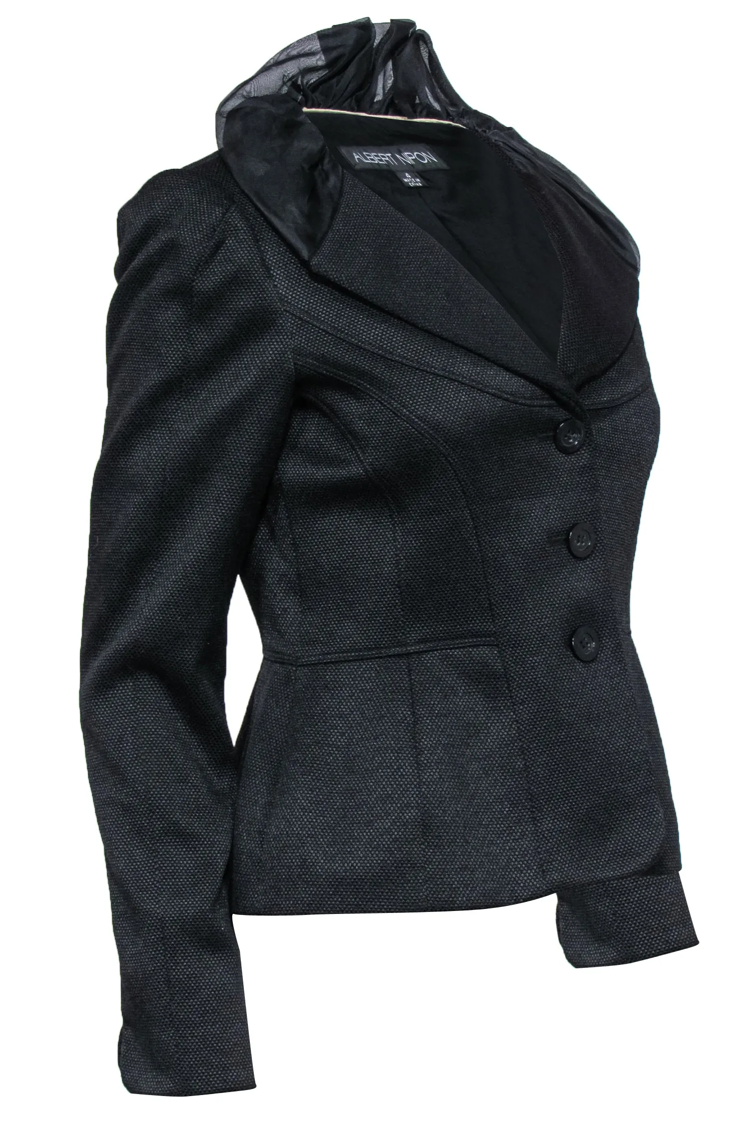 Albert Nipon - Black Textured Blazer w/ Ruffled Organza Collar Sz 4