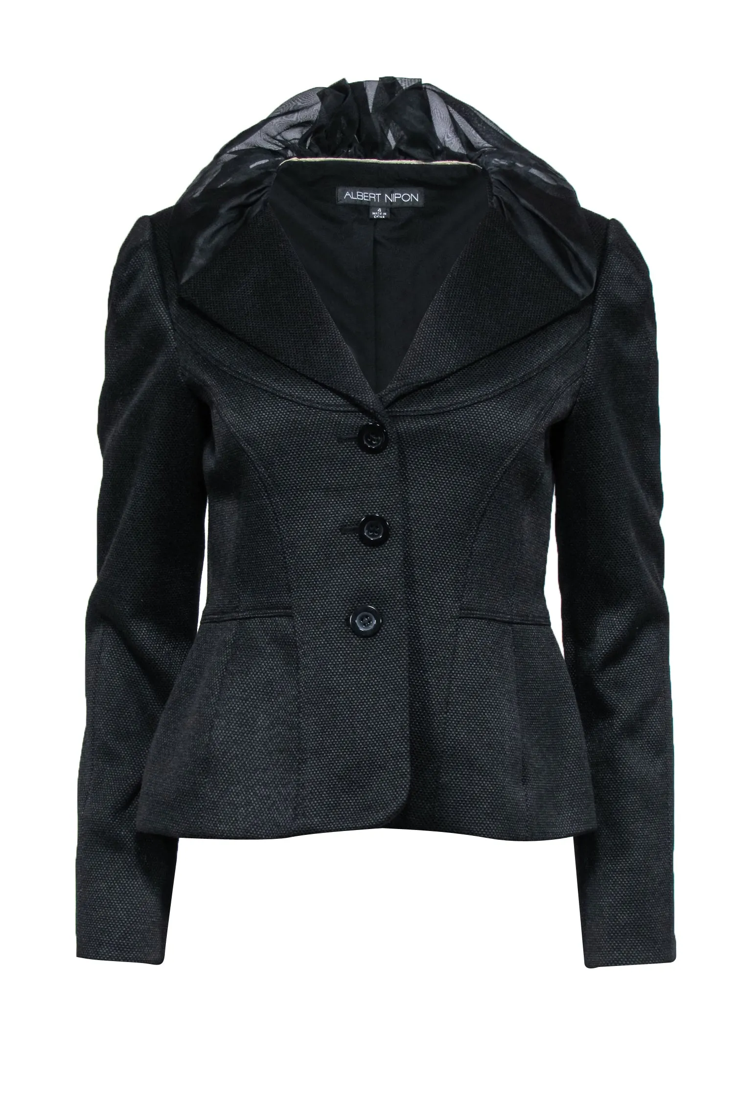 Albert Nipon - Black Textured Blazer w/ Ruffled Organza Collar Sz 4