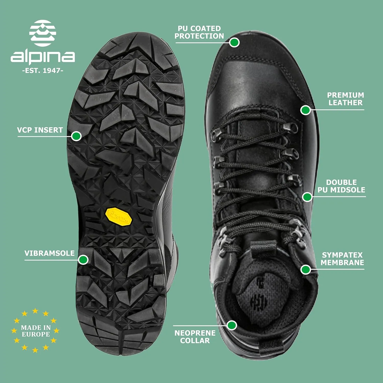 Alpina THOR Men's Boots | Ankle High | Waterproof | Lightweight Tactical Army Shoes | Full Leather with Sympatex Breathable Membrane | Vibram Sole | Made in Europe