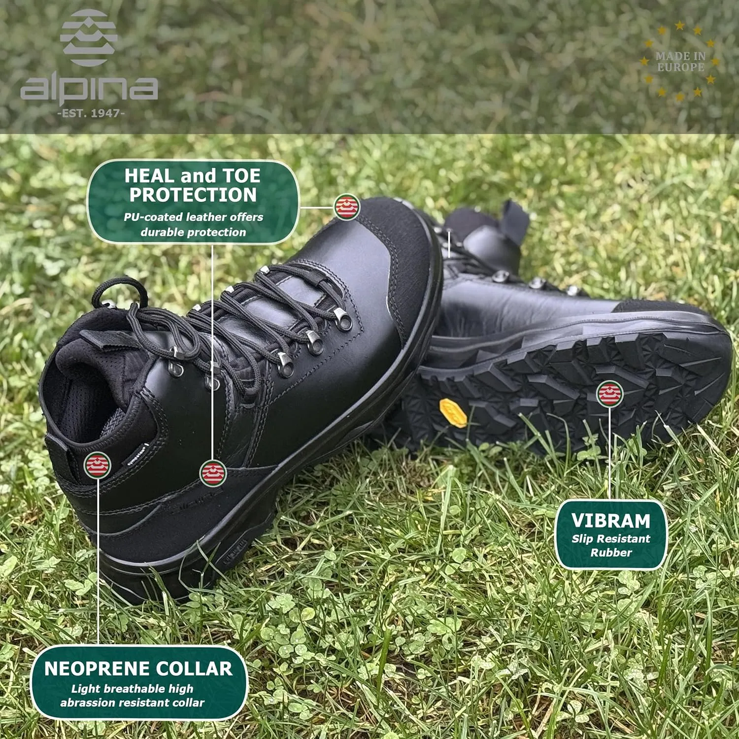 Alpina THOR Men's Boots | Ankle High | Waterproof | Lightweight Tactical Army Shoes | Full Leather with Sympatex Breathable Membrane | Vibram Sole | Made in Europe