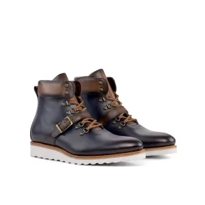 Ambrogio Bespoke Men's Shoes Navy & Two-Tone Brown Calf-Skin Leather Hiking Boots (AMB2357)