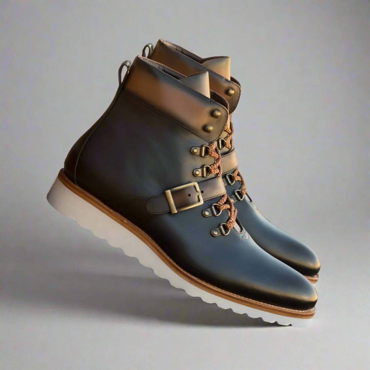 Ambrogio Bespoke Men's Shoes Navy & Two-Tone Brown Calf-Skin Leather Hiking Boots (AMB2357)