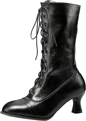 AMDBEL Cowgirl Boots Women, Stiletto Boots for Women Sexy Dressy Leather Round Toe Heel Boots Fashion Lace-up Short Booties,Boots For Women Fashion Dressy