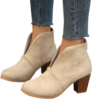 Booties for Women Platform Low Heel Ankle Boots Western Cowboy Pointed Toe Fashion Retro Classic Pull-On Ankle Boots