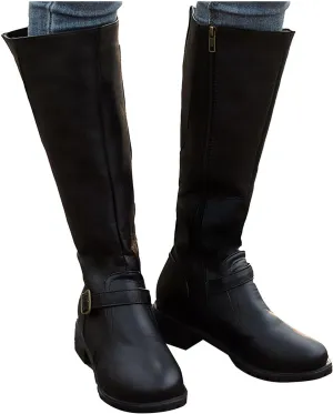 Boots for Women Knee High Combat Style Closed Toe Motorcycle Boots Classic Zipper Buckle Low Heel Shoes Retro Shoes 52