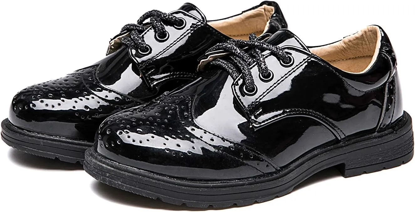 Boys Girls Patent Leather Lace Up Oxfords Comfort Uniform Dress Wedding Shoes