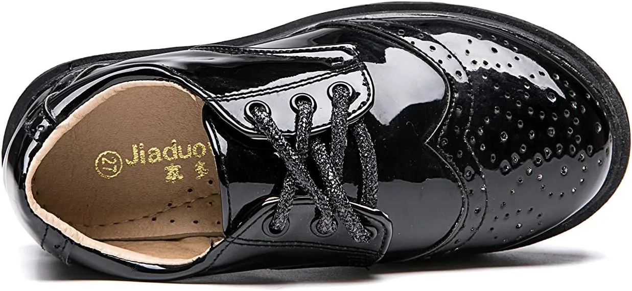 Boys Girls Patent Leather Lace Up Oxfords Comfort Uniform Dress Wedding Shoes