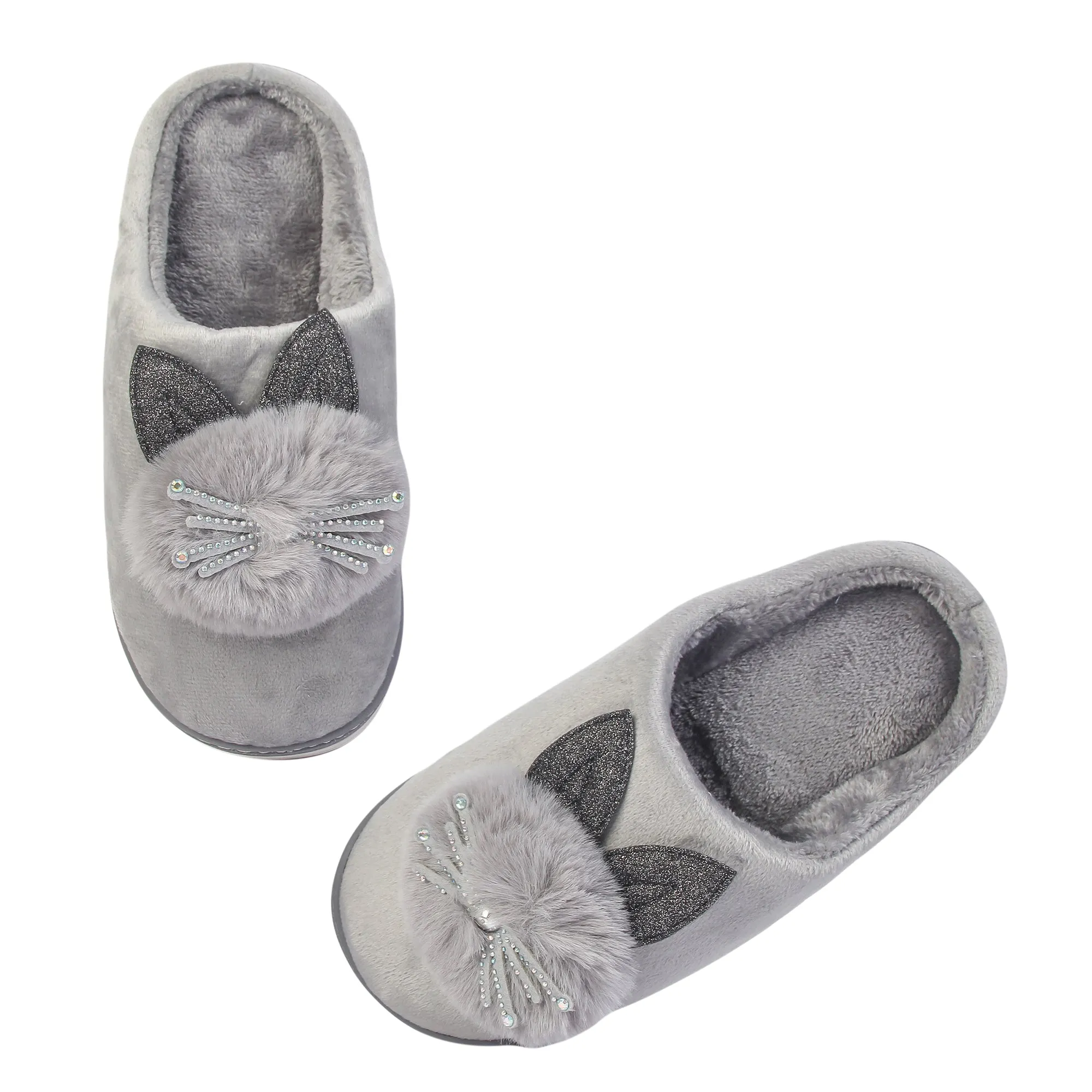 Brauch Women's Grey Glitter Kitty Winter Slippers