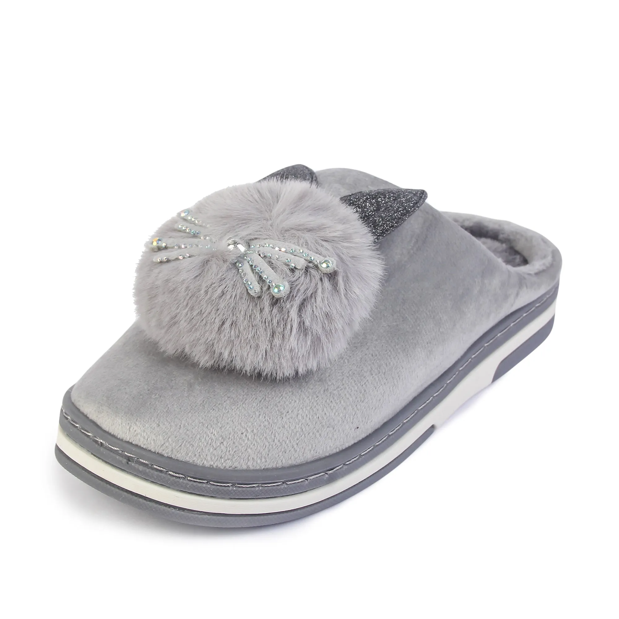 Brauch Women's Grey Glitter Kitty Winter Slippers