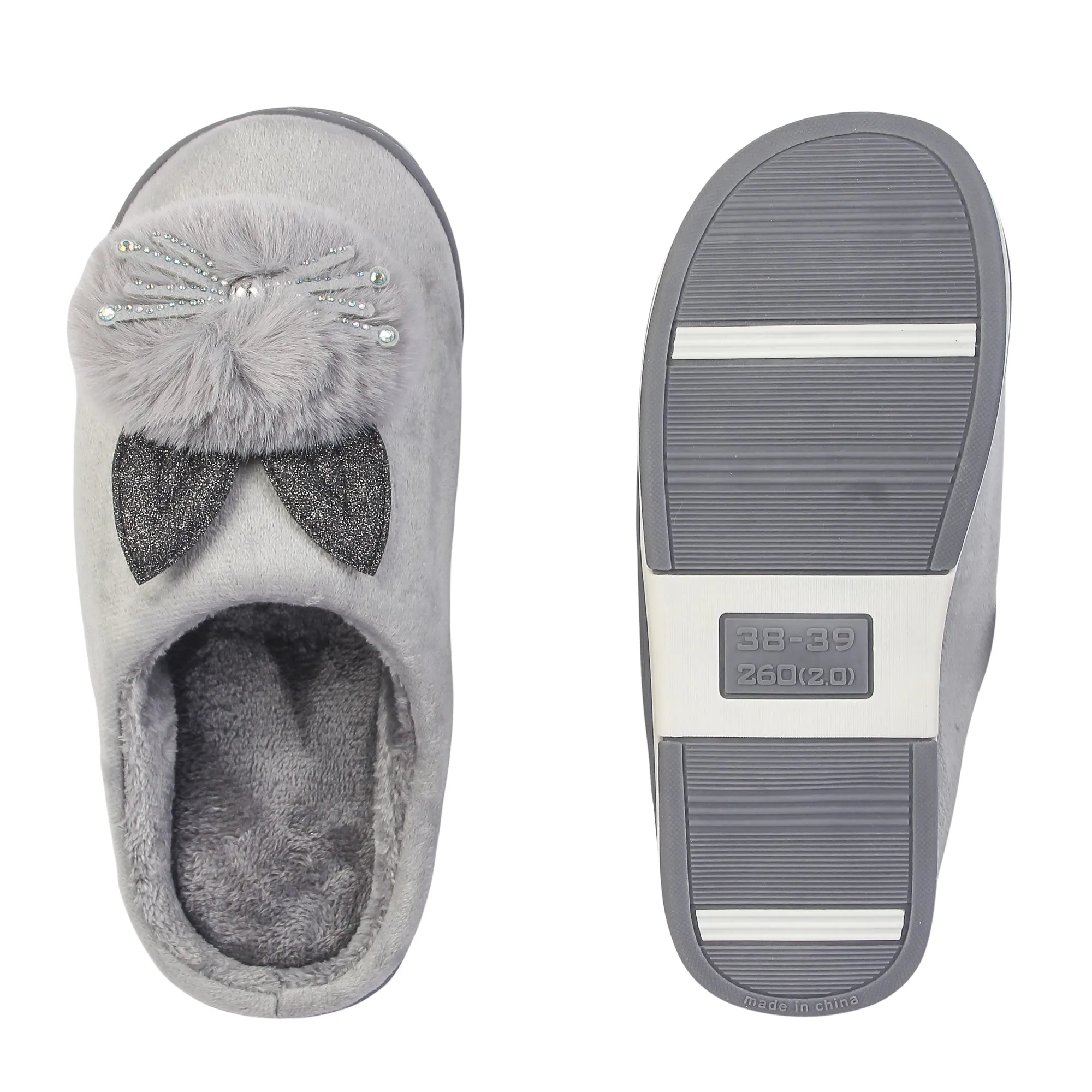 Brauch Women's Grey Glitter Kitty Winter Slippers