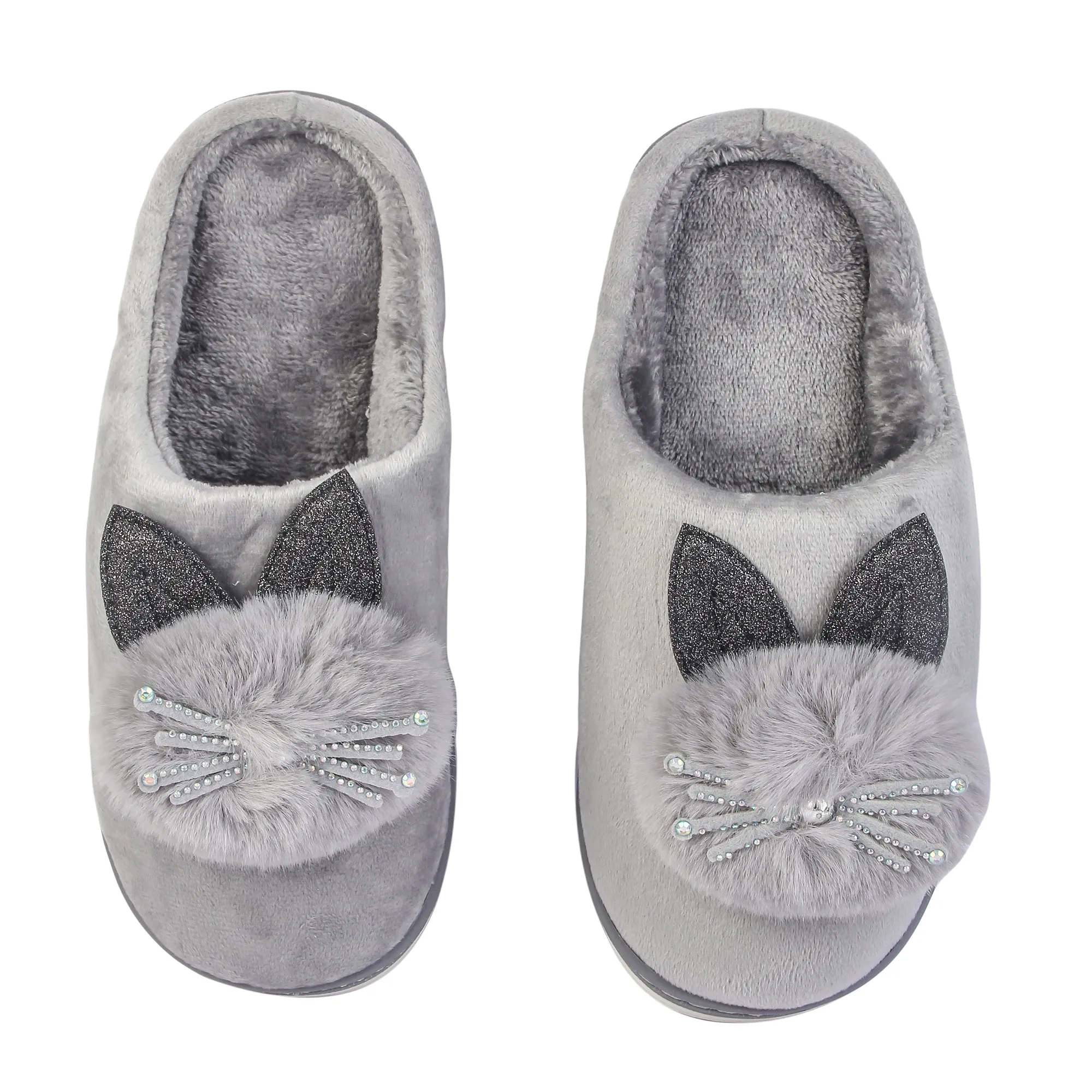 Brauch Women's Grey Glitter Kitty Winter Slippers