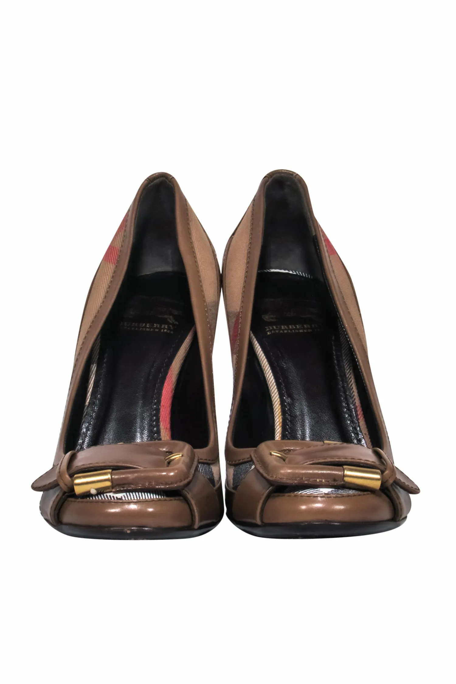 Burberry - Brown Plaid Leather Pumps w/ Buckle Detail Sz 5
