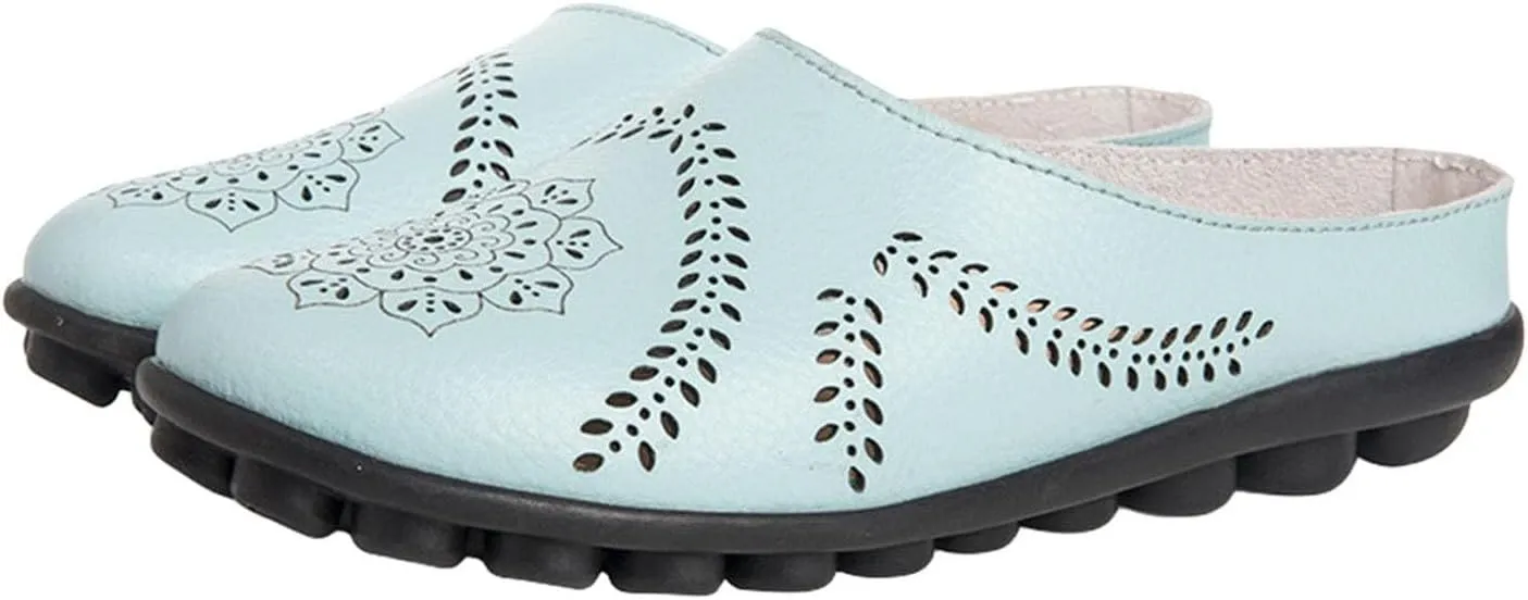 Casual All-Match Hollow Slippers Women's Comfortable Hollow Breathable Mule Sandals, Summer Flats Comfy Loafers for Women Slip on Leather Loafer Slippers