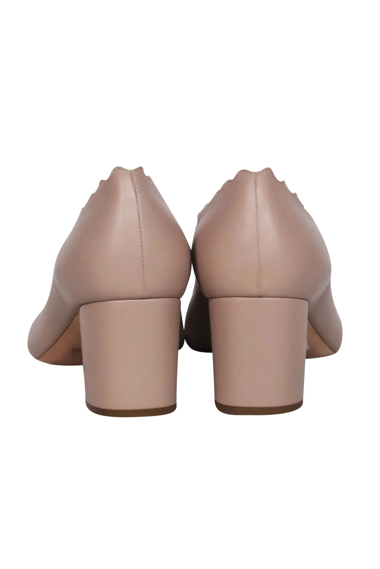 Chloe - Beige Leather Scalloped Block Heel Pumps Sz 10