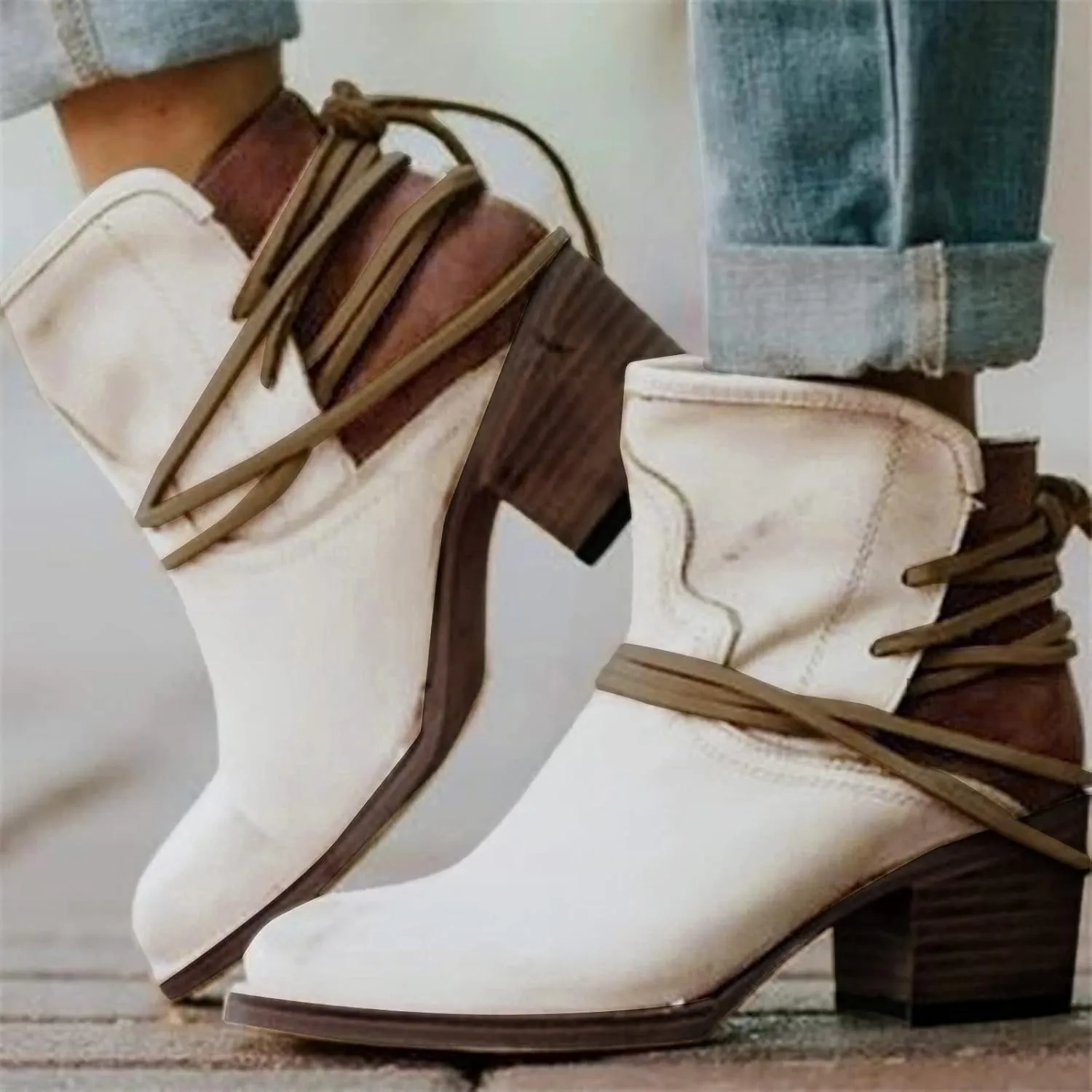 Cowboy Boots for Women Low Heel Mid Calf Boots Block Chunky Heel Pointed Toe Military Zipper Motorcycle Cowboy Ankle Booties 52