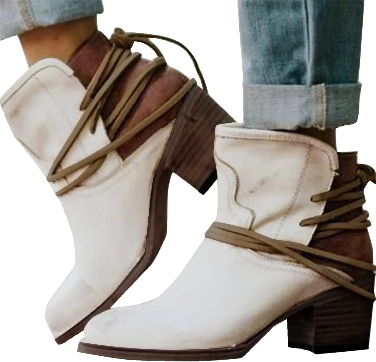 Cowboy Boots for Women Low Heel Mid Calf Boots Block Chunky Heel Pointed Toe Military Zipper Motorcycle Cowboy Ankle Booties 52