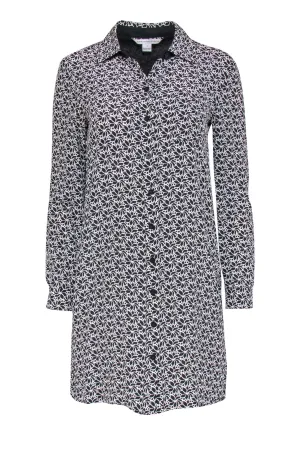 Diane von Furstenberg - Black & White Floral Print Button-Up Silk Shirtdress Sz 2