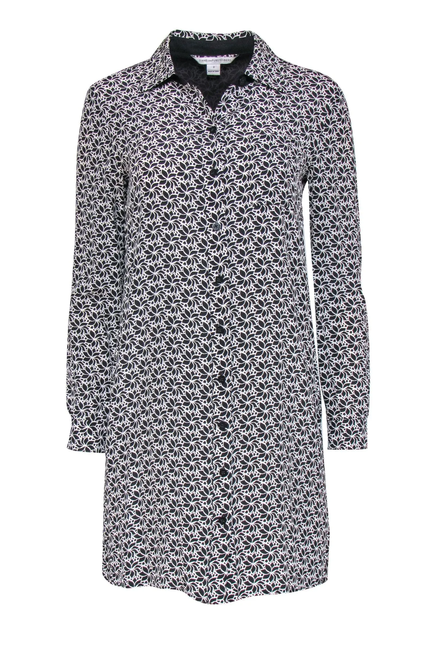 Diane von Furstenberg - Black & White Floral Print Button-Up Silk Shirtdress Sz 2