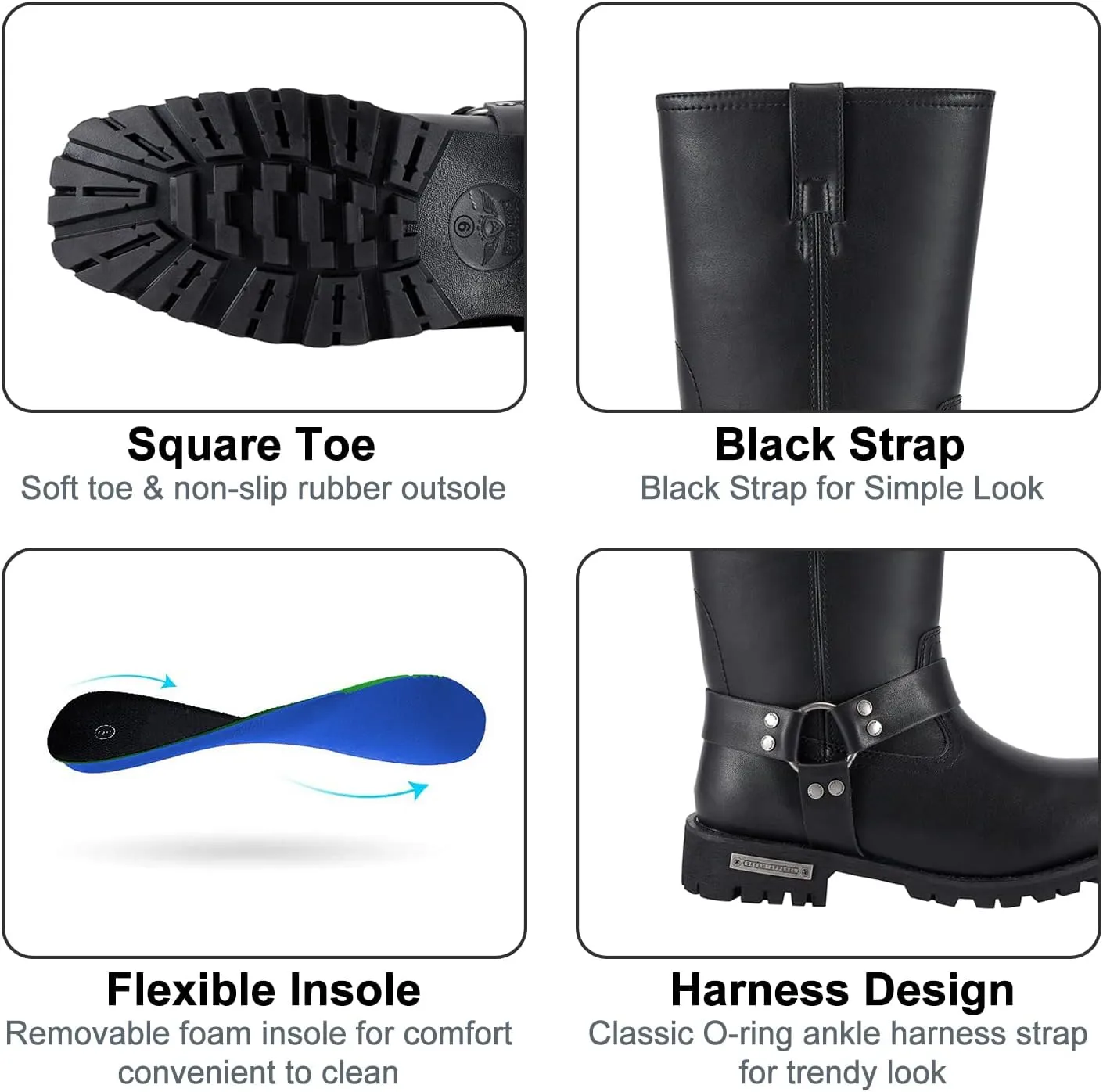 Dream Apparel Men's 11in Harness Motorcycle Riding Boots for Biker, Square Toe Waterproof Black PU Leather Mid Calf Boots Knee High Footwear