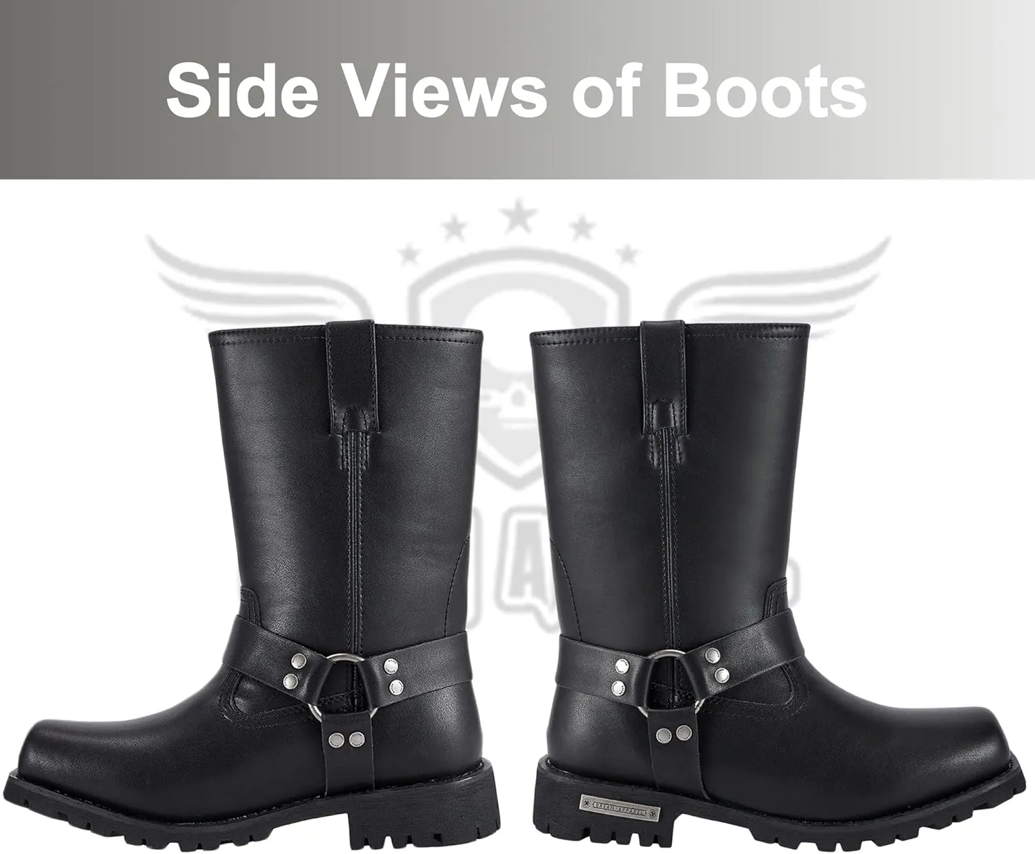Dream Apparel Men's 11in Harness Motorcycle Riding Boots for Biker, Square Toe Waterproof Black PU Leather Mid Calf Boots Knee High Footwear