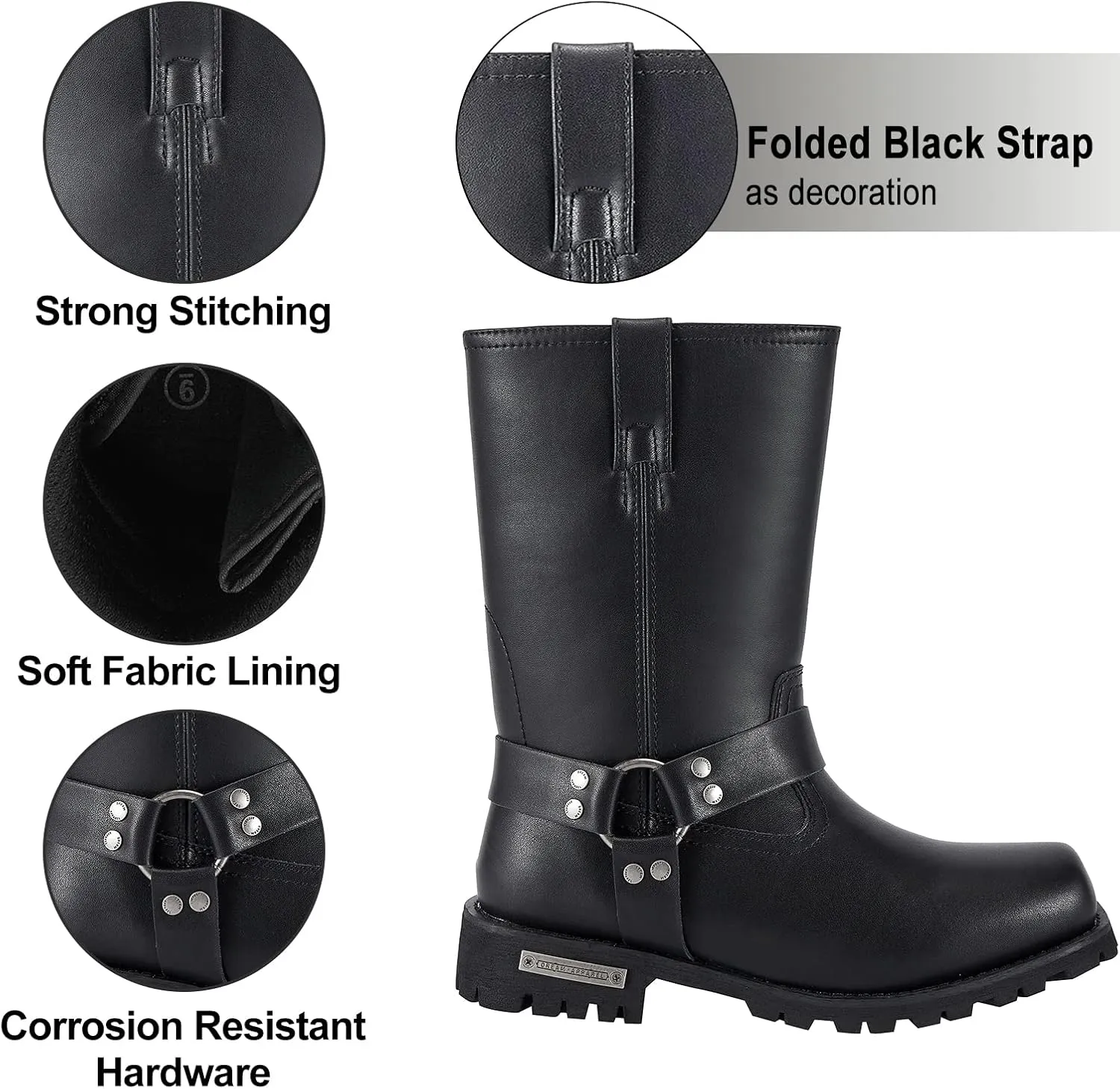 Dream Apparel Men's 11in Harness Motorcycle Riding Boots for Biker, Square Toe Waterproof Black PU Leather Mid Calf Boots Knee High Footwear