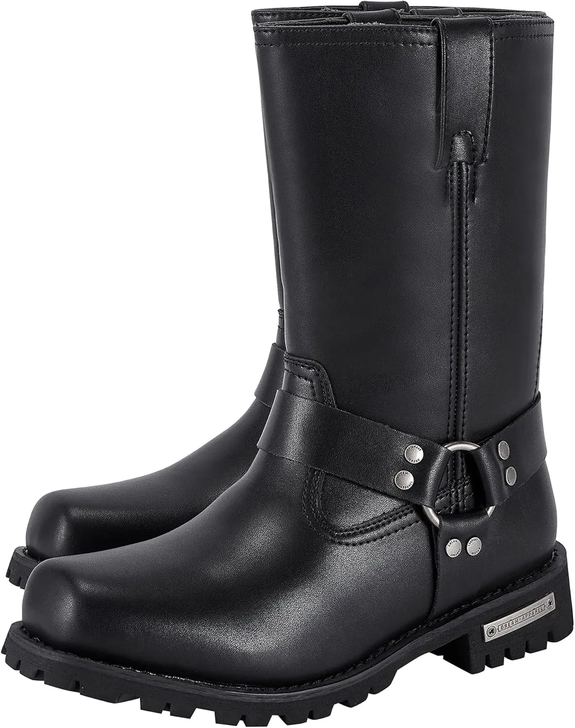 Dream Apparel Men's 11in Harness Motorcycle Riding Boots for Biker, Square Toe Waterproof Black PU Leather Mid Calf Boots Knee High Footwear