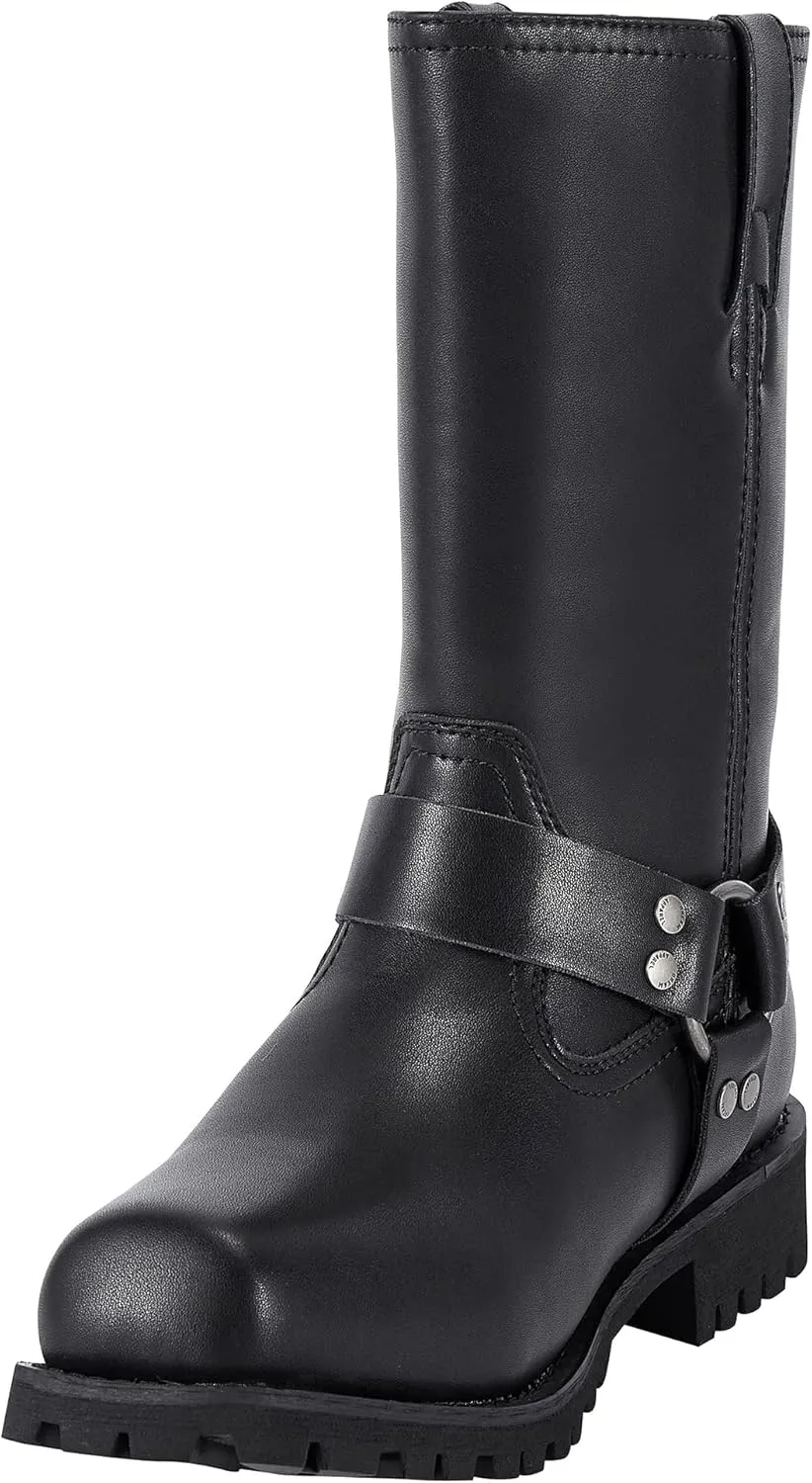 Dream Apparel Men's 11in Harness Motorcycle Riding Boots for Biker, Square Toe Waterproof Black PU Leather Mid Calf Boots Knee High Footwear