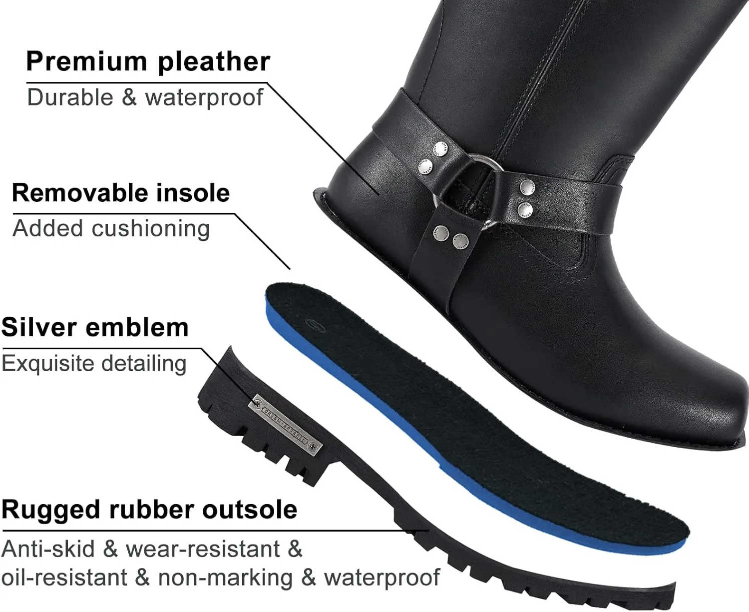 Dream Apparel Men's 11in Harness Motorcycle Riding Boots for Biker, Square Toe Waterproof Black PU Leather Mid Calf Boots Knee High Footwear