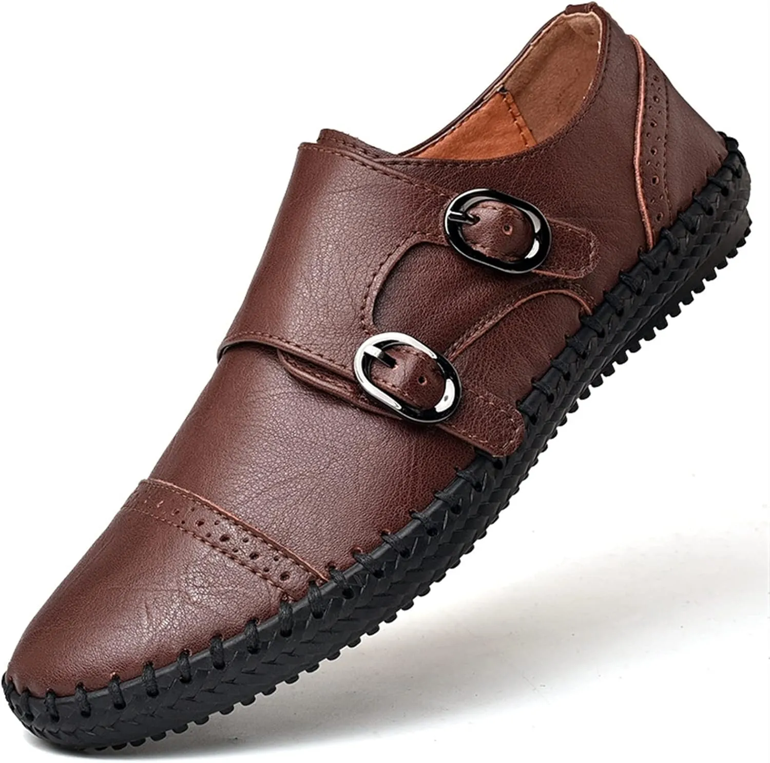 Easy to Put and Remove Smoking Loafer for Men Genuine Leather Cap Toe Stitching Details Round Toe Monk Strap Comfortable Resistant Flexible Driving Slip On for All Occasions