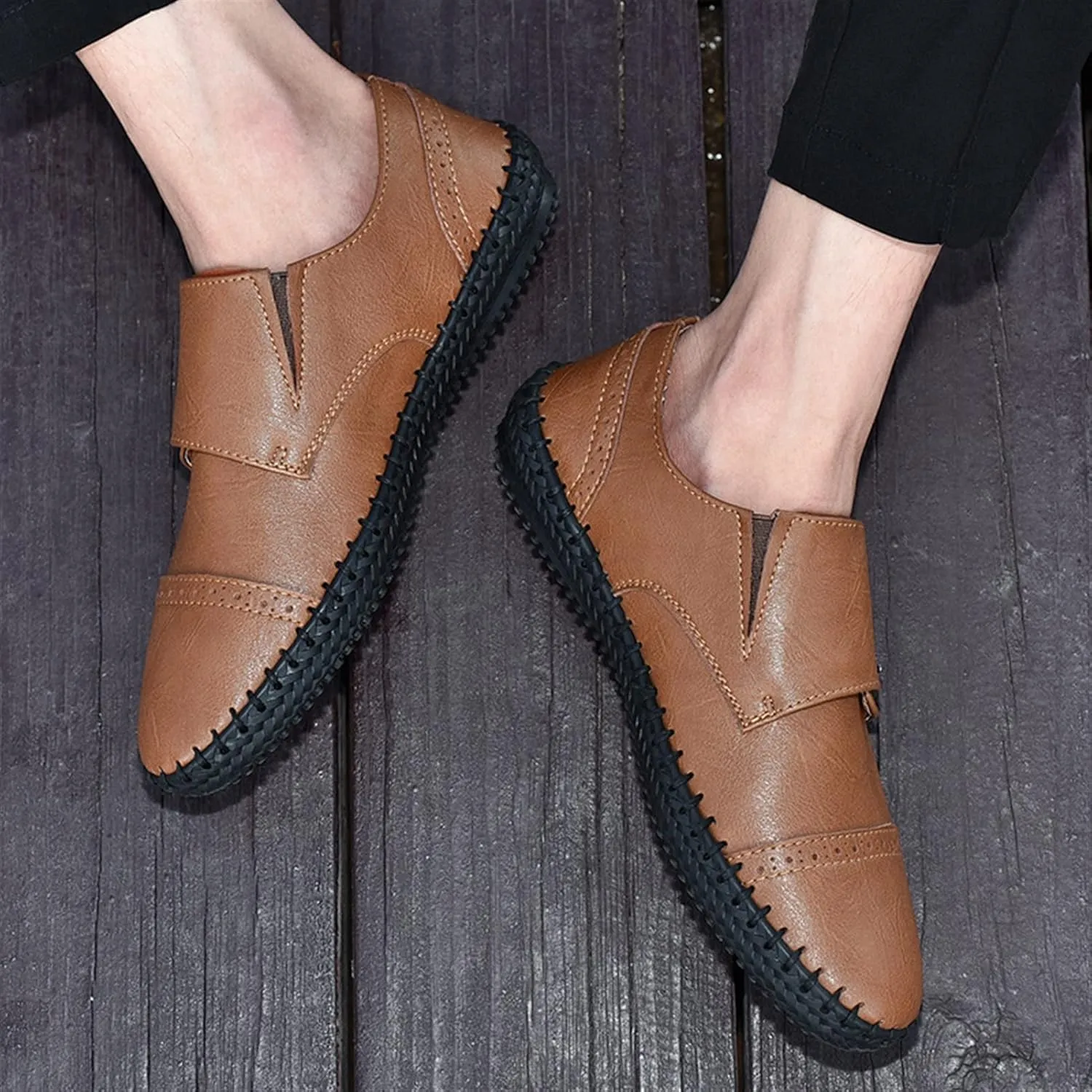 Easy to Put and Remove Smoking Loafer for Men Genuine Leather Cap Toe Stitching Details Round Toe Monk Strap Comfortable Resistant Flexible Driving Slip On for All Occasions