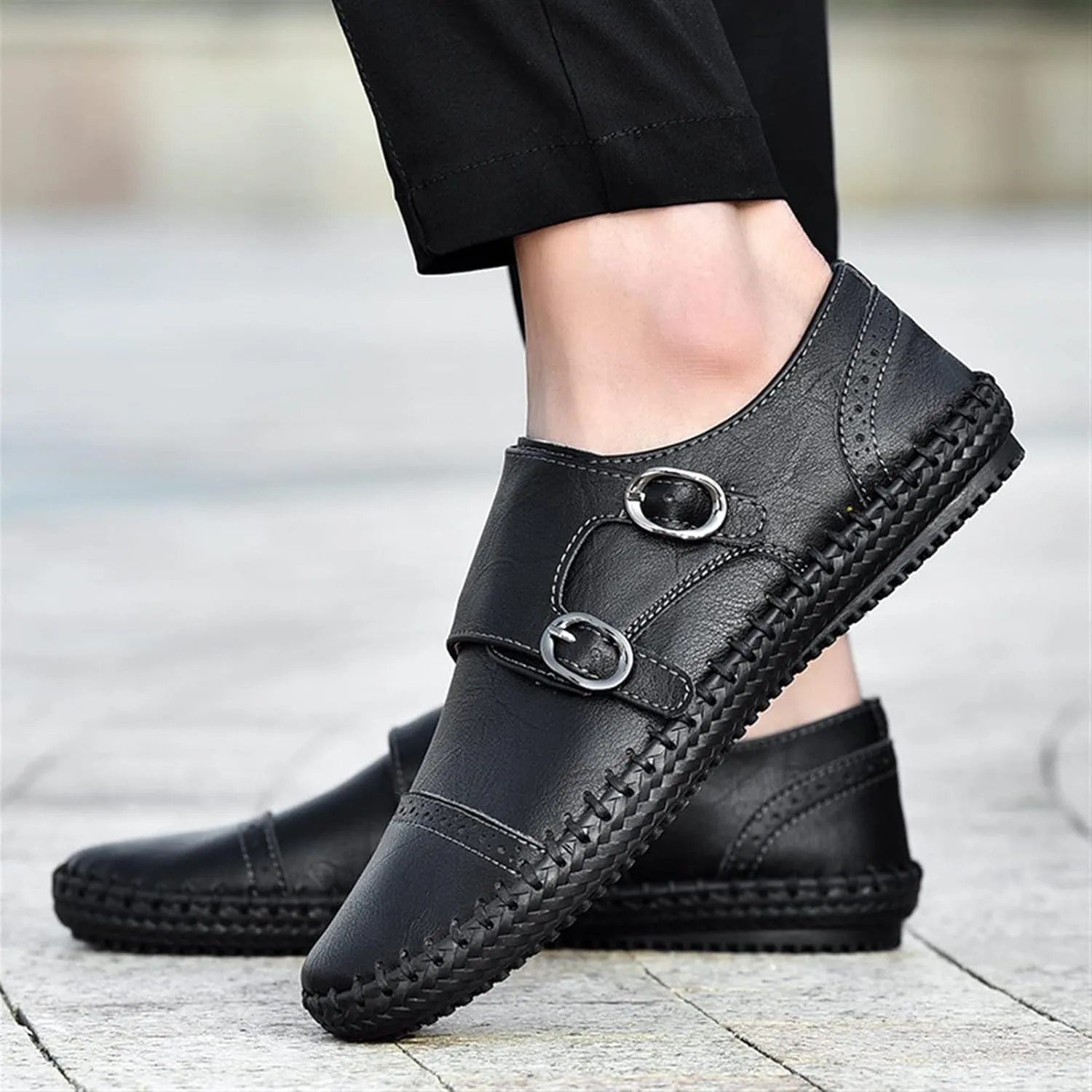 Easy to Put and Remove Smoking Loafer for Men Genuine Leather Cap Toe Stitching Details Round Toe Monk Strap Comfortable Resistant Flexible Driving Slip On for All Occasions