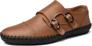 Easy to Put and Remove Smoking Loafer for Men Genuine Leather Cap Toe Stitching Details Round Toe Monk Strap Comfortable Resistant Flexible Driving Slip On for All Occasions