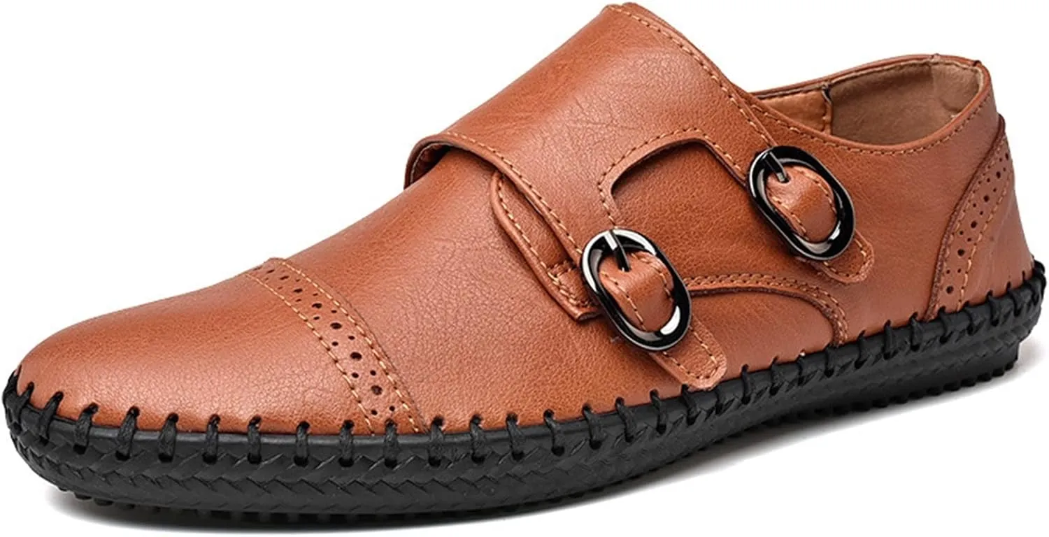 Easy to Put and Remove Smoking Loafer for Men Genuine Leather Cap Toe Stitching Details Round Toe Monk Strap Comfortable Resistant Flexible Driving Slip On for All Occasions