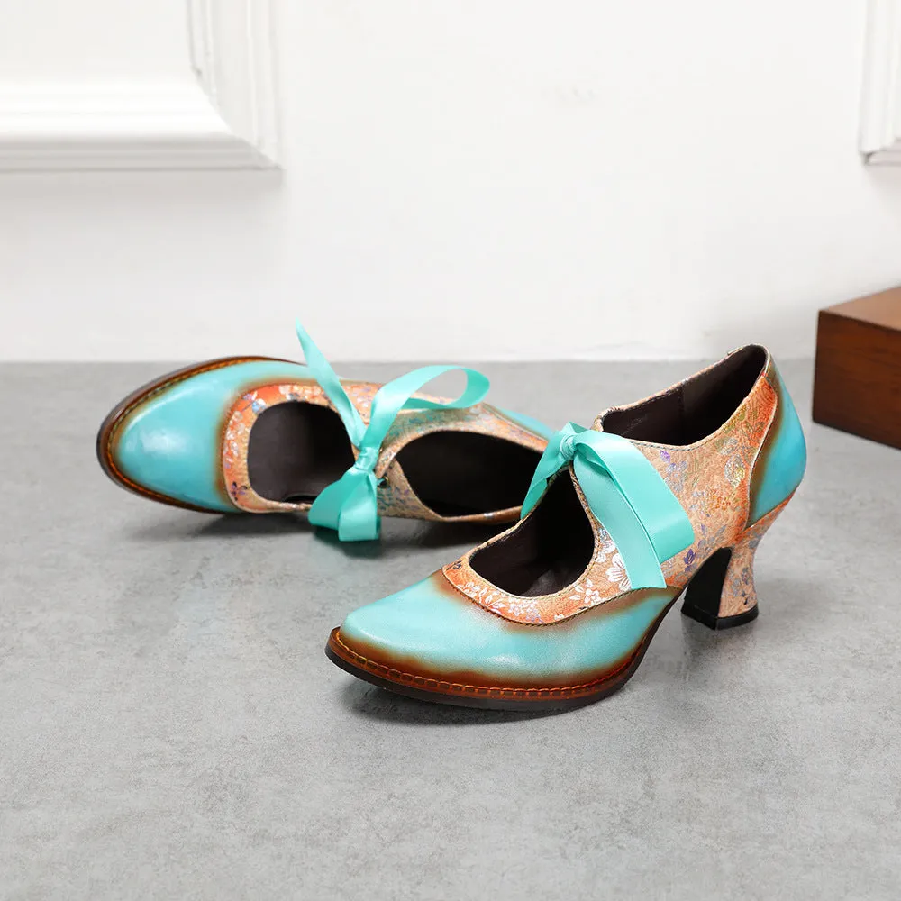 Fashion Single Shoes Flower Blue Ethnic Style Women's Shoes Ribbon Lace Women's Single Shoes