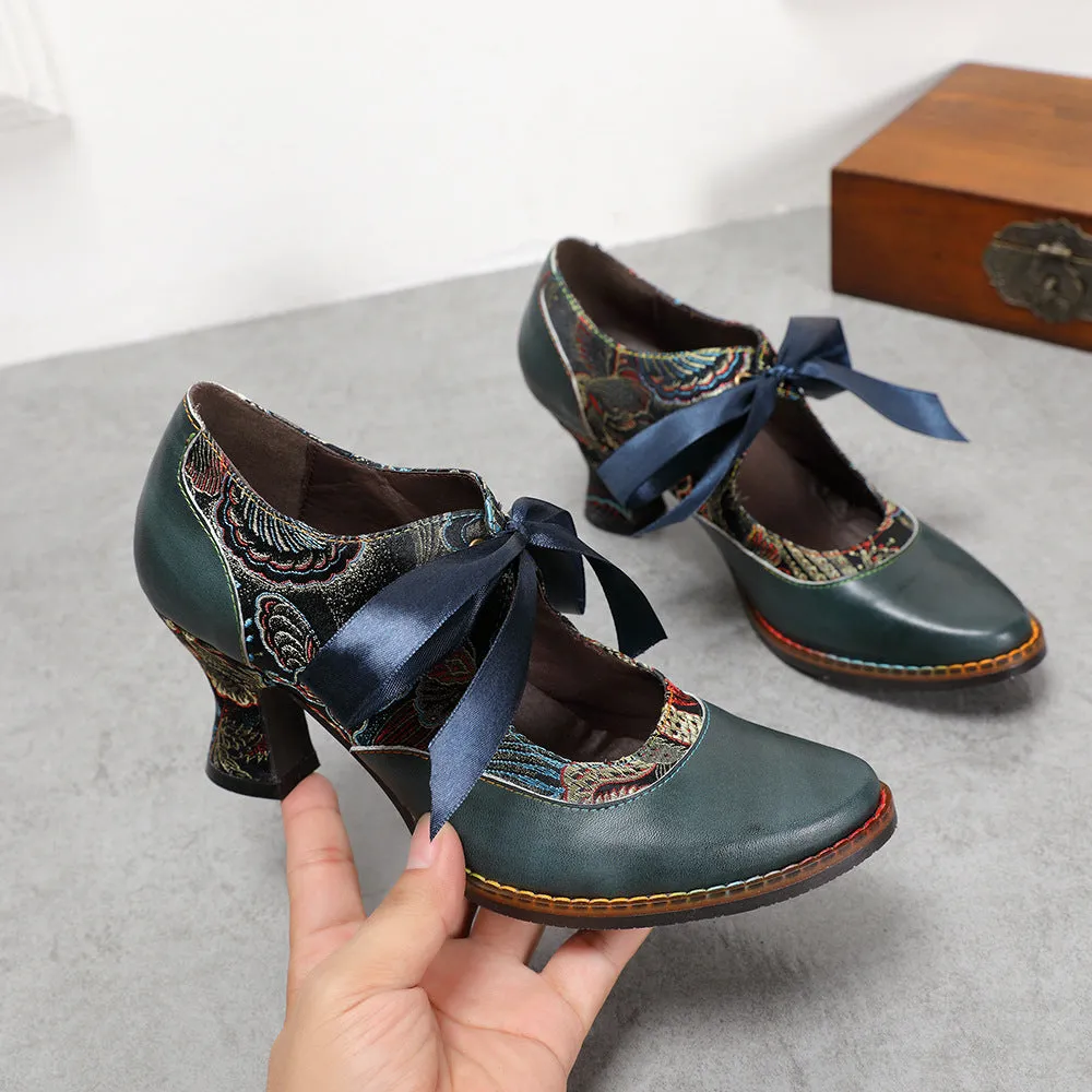 Fashion Single Shoes Flower Blue Ethnic Style Women's Shoes Ribbon Lace Women's Single Shoes