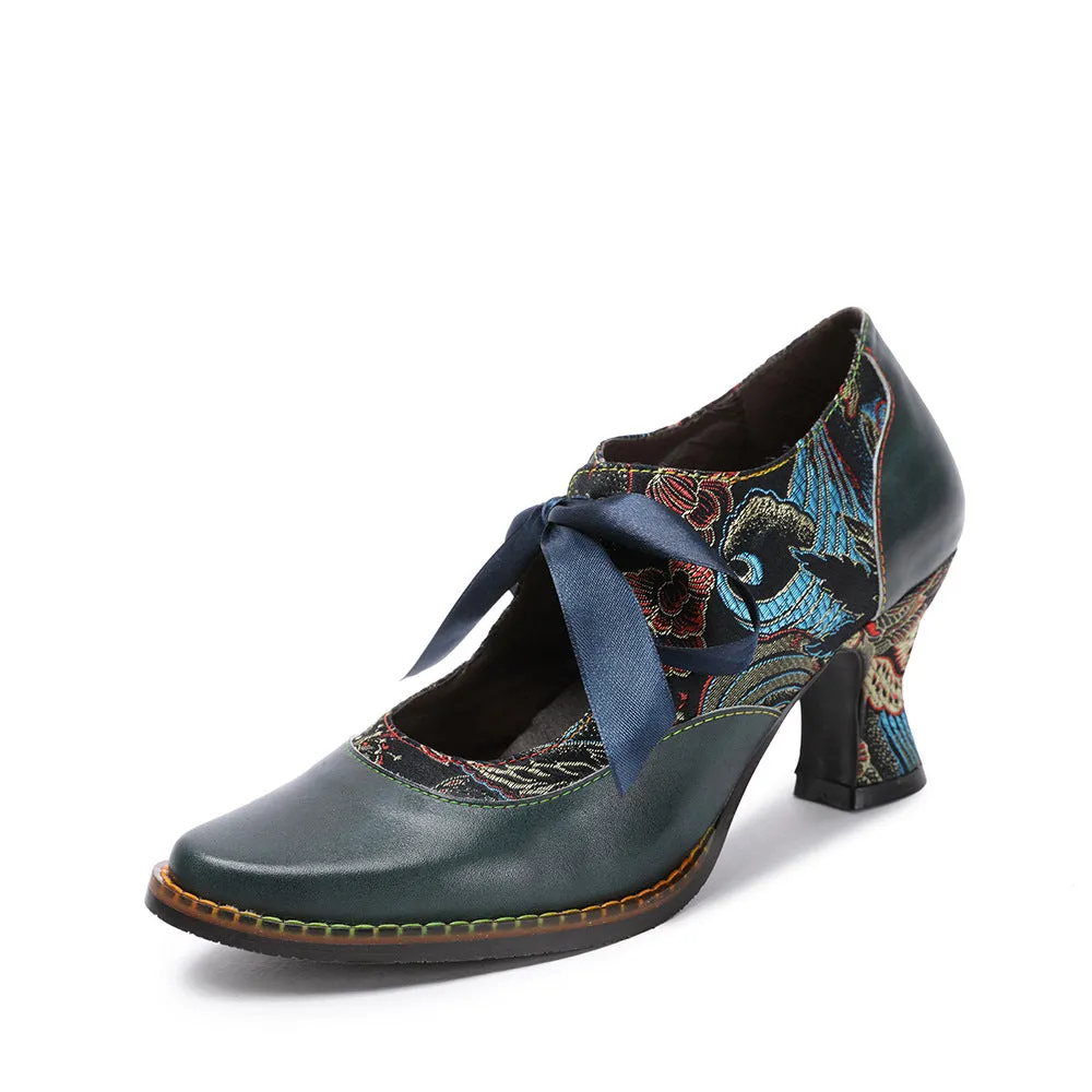 Fashion Single Shoes Flower Blue Ethnic Style Women's Shoes Ribbon Lace Women's Single Shoes