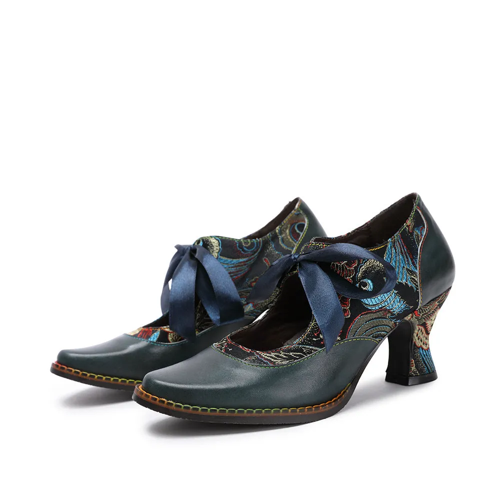 Fashion Single Shoes Flower Blue Ethnic Style Women's Shoes Ribbon Lace Women's Single Shoes