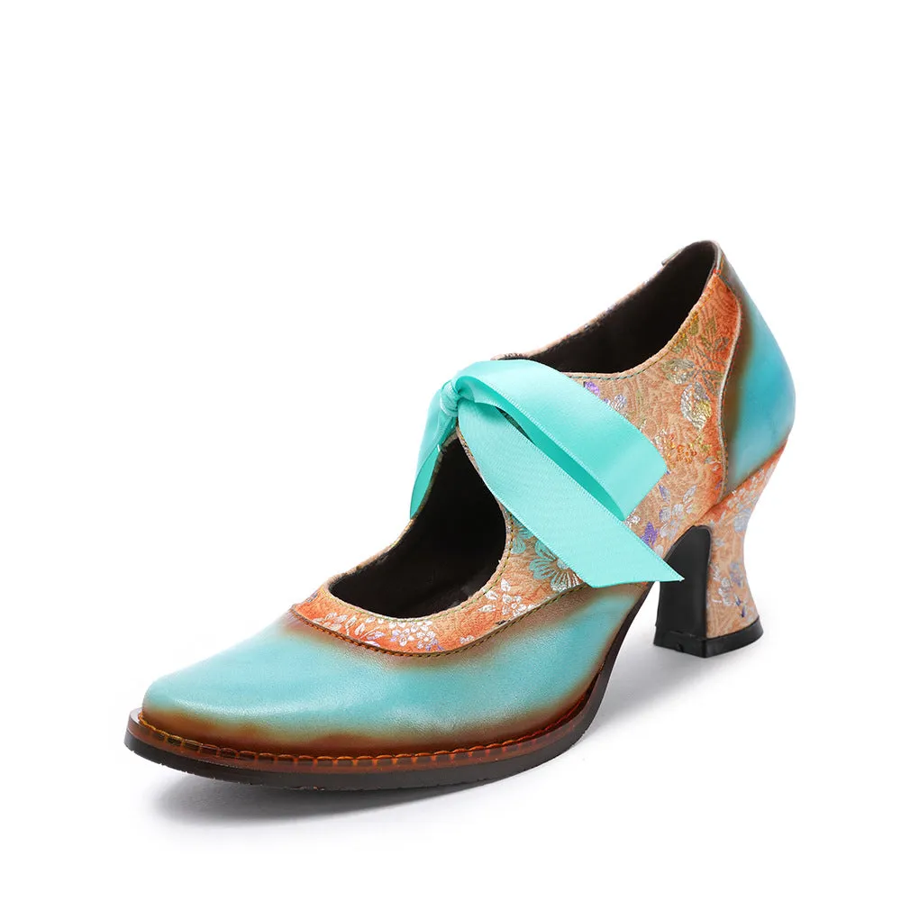 Fashion Single Shoes Flower Blue Ethnic Style Women's Shoes Ribbon Lace Women's Single Shoes