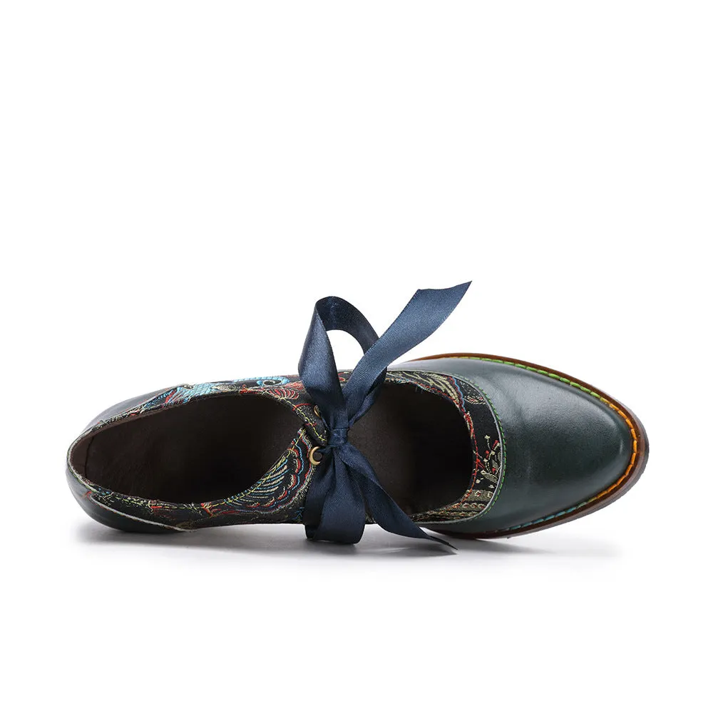 Fashion Single Shoes Flower Blue Ethnic Style Women's Shoes Ribbon Lace Women's Single Shoes