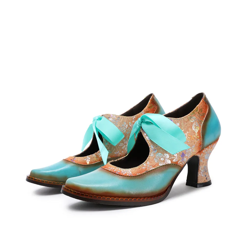 Fashion Single Shoes Flower Blue Ethnic Style Women's Shoes Ribbon Lace Women's Single Shoes