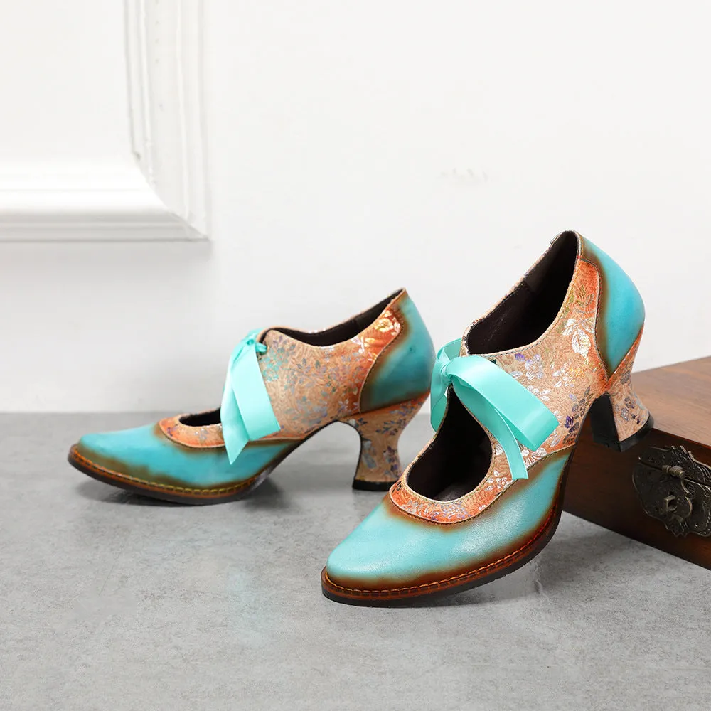 Fashion Single Shoes Flower Blue Ethnic Style Women's Shoes Ribbon Lace Women's Single Shoes