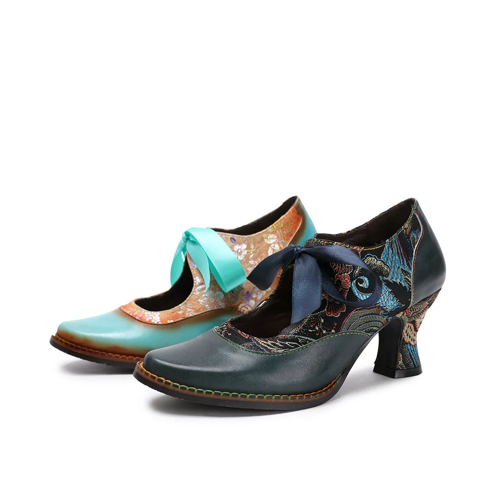 Fashion Single Shoes Flower Blue Ethnic Style Women's Shoes Ribbon Lace Women's Single Shoes