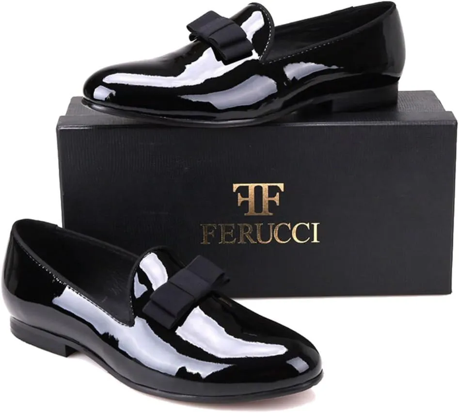 FERUCCI Handmade Men Plain Black Patent Leather with Black Bow Slippers Loafers