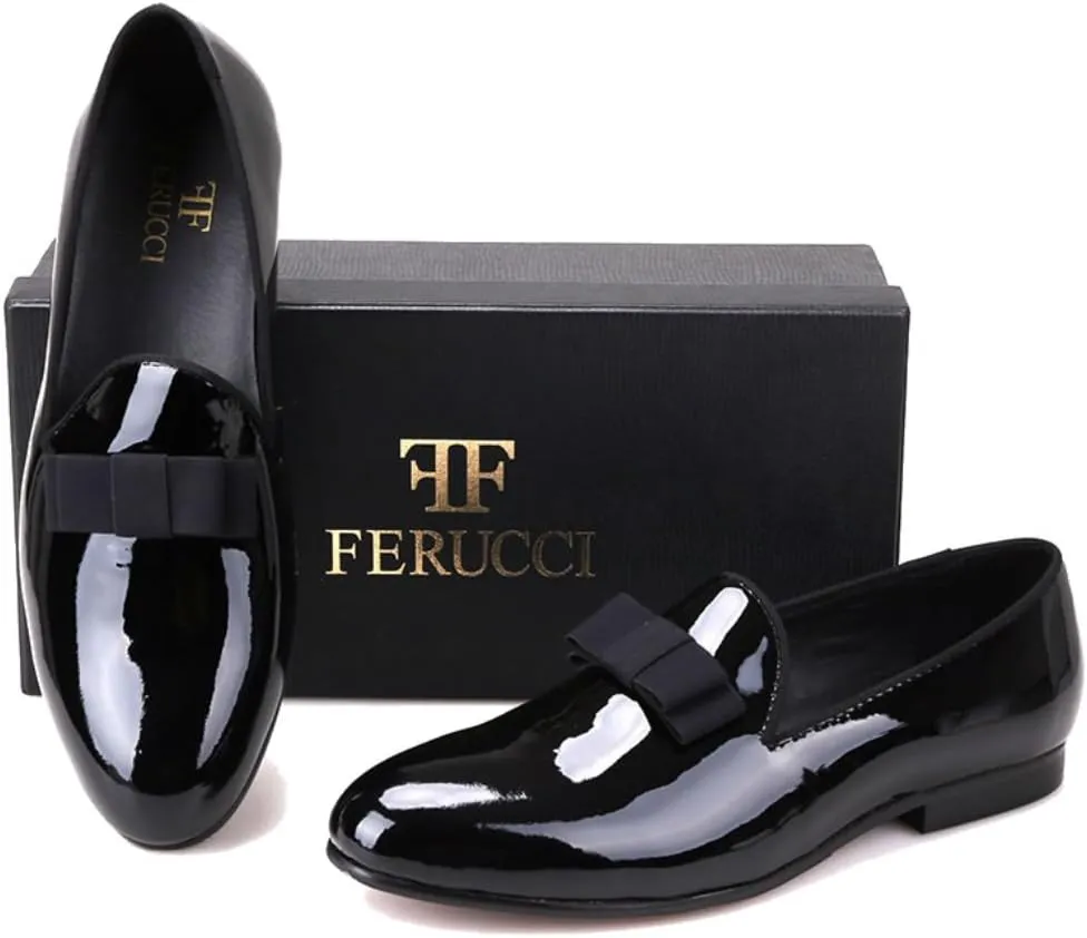 FERUCCI Handmade Men Plain Black Patent Leather with Black Bow Slippers Loafers