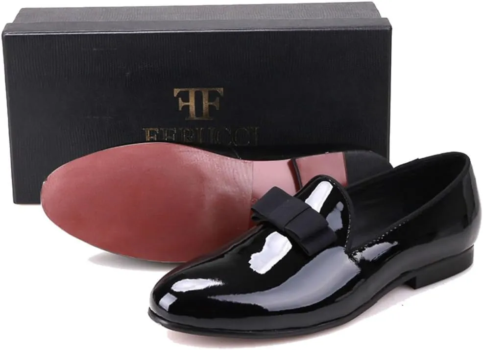 FERUCCI Handmade Men Plain Black Patent Leather with Black Bow Slippers Loafers